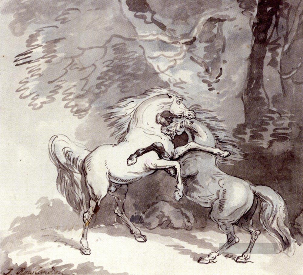 pferde kämpfen auf einem Waldweg Karikatur Thomas Rowlandson Ölgemälde
